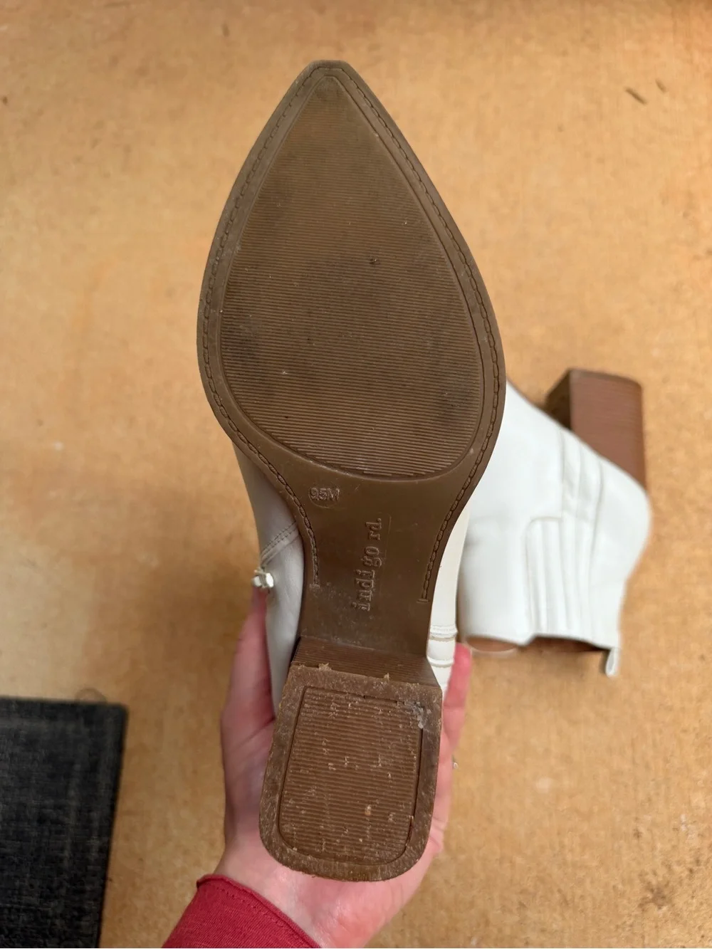 Indigo White Leather Ankle Booties with Stacked Brown Block Heel